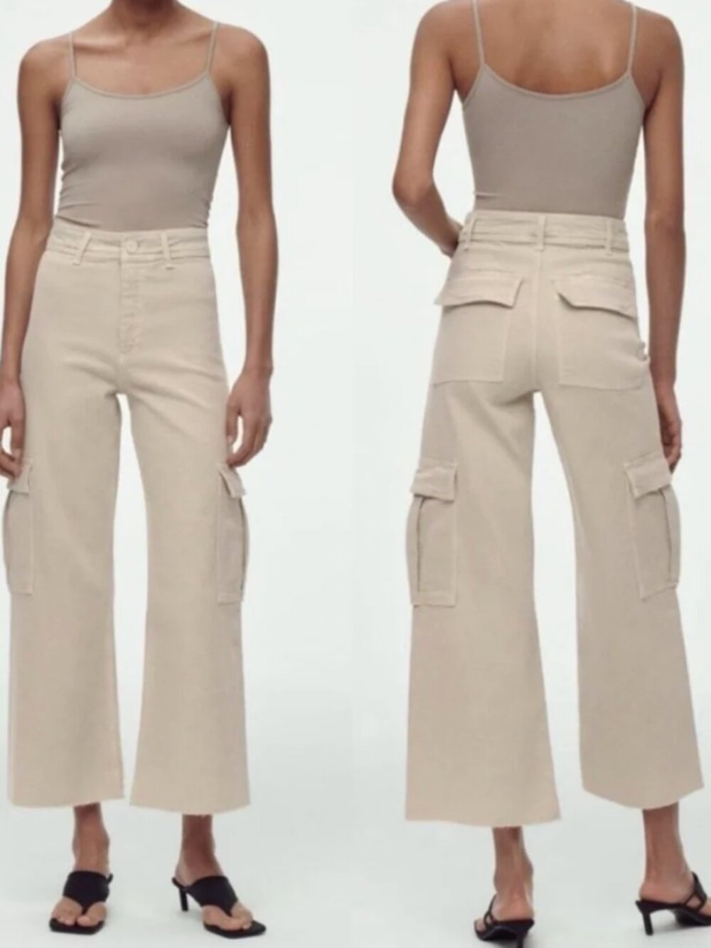 NWOT ZARA Cargo Wide Leg Jeans Pants Beige Khaki Size 4